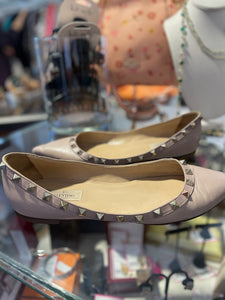 Valentino Nude Leather & Studded Pointy Toe Flats Shoe, Size 40.5