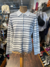 Load image into Gallery viewer, Theory White w/Black Lines Viscose blend Button up Top, Size L
