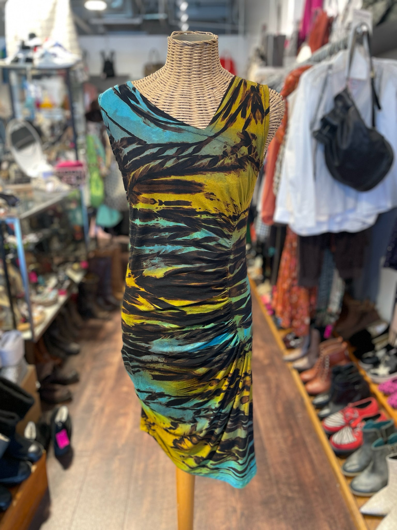 Heyne Bogut Turquoise & yellow Rayon Tye Dye Sleeveless Dress, Size 3=L