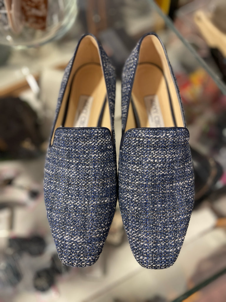 Jimmy Choo Blue & White Tweed Leather Lined Flat Shoe, Size 38