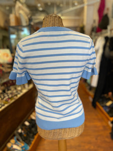 Pearl Blue & White Viscose & Nylon Stripe Top, Size S