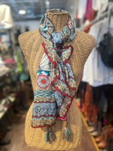 Load image into Gallery viewer, Johnny Was red, white, brown Silk Geometric tassels Scarf
