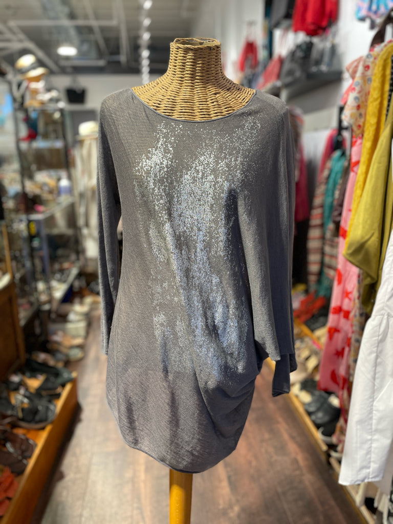 Stella Carakasi Grey & Silver linen & nylon metallic splatter Layering Top, Size S