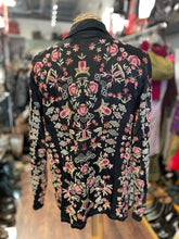 Load image into Gallery viewer, Pete &amp; Greta Black Rayon Blend floral embroidered button close Layering Top, Size S
