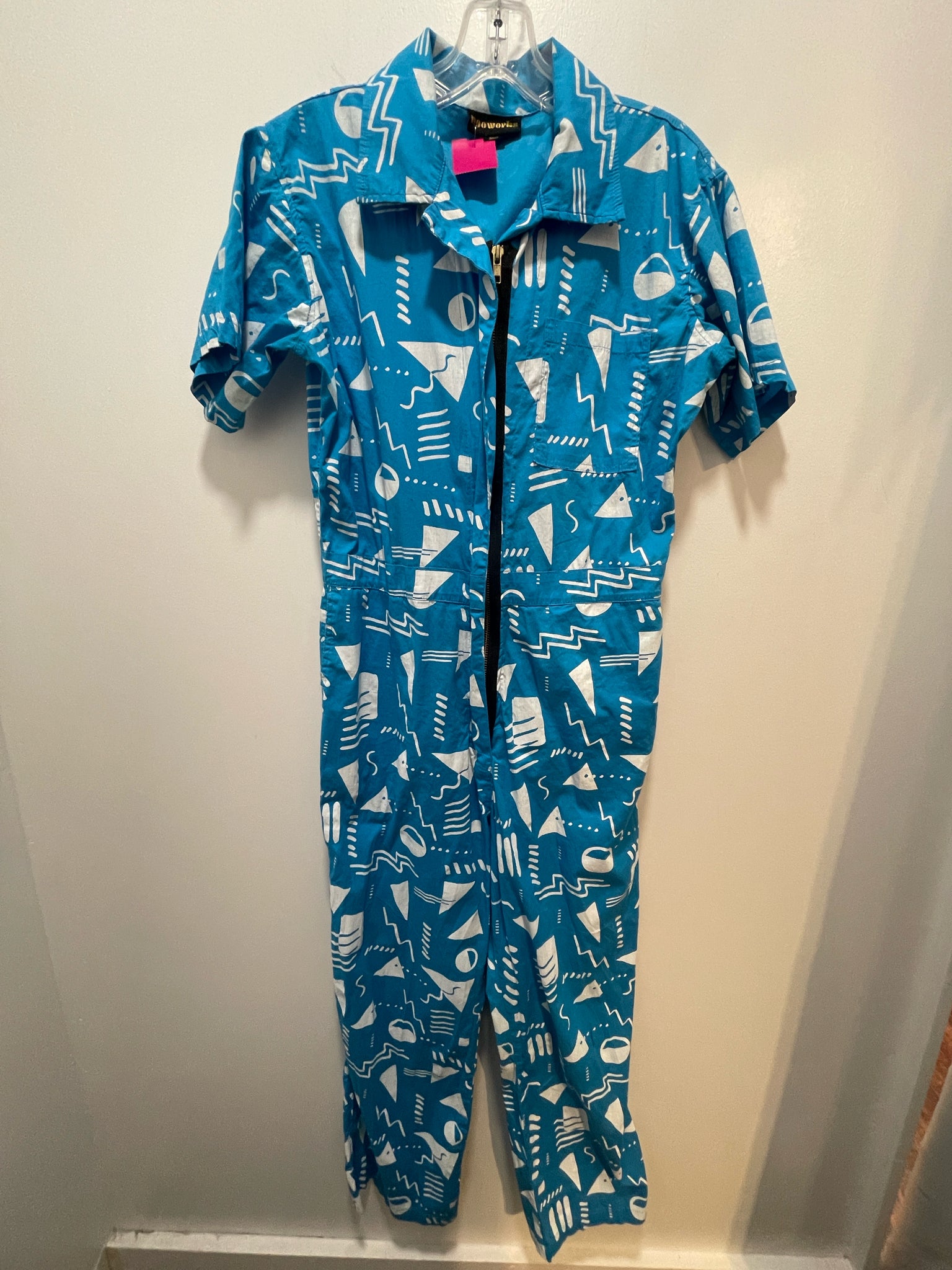 nooworks Teal Cotton abstract geometric Print W/Zipper detail Jumpsuit, Size S