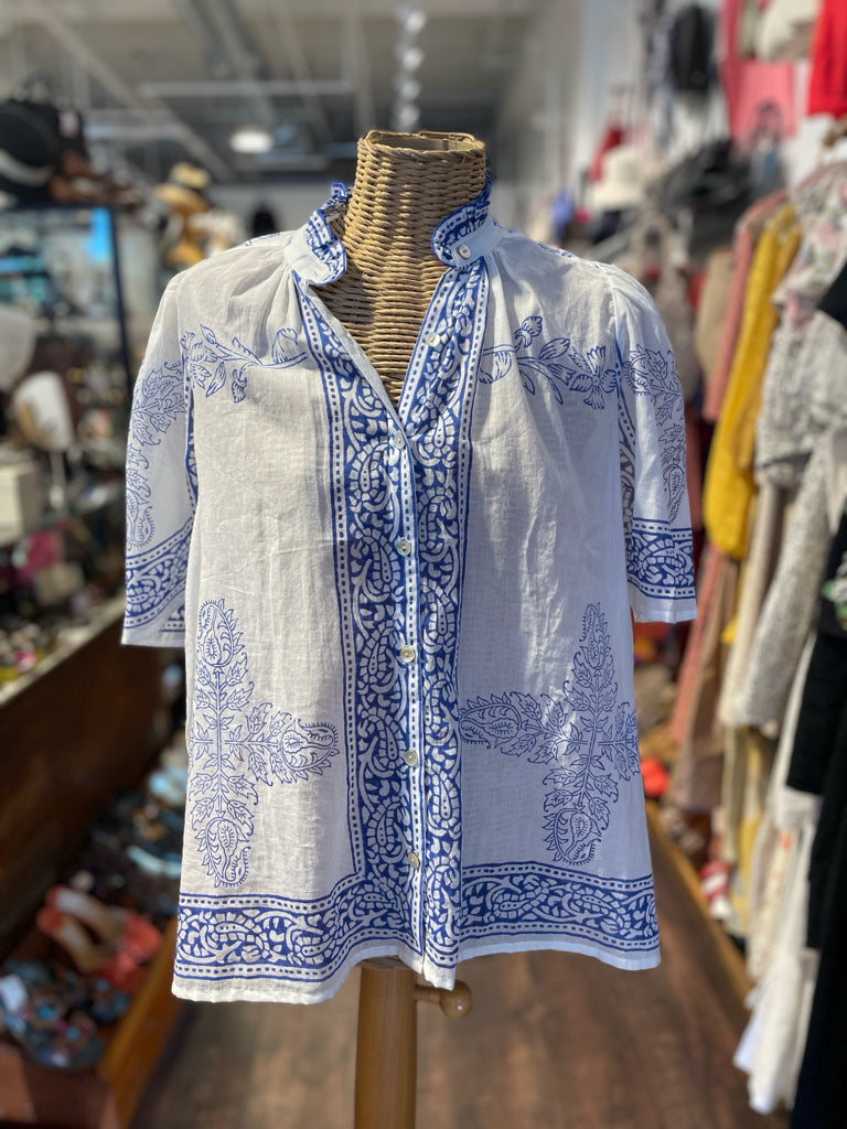 Alix of Bohemia Blue & White Cotton Spanish Style Short Sleeve Button Down Top, Size S