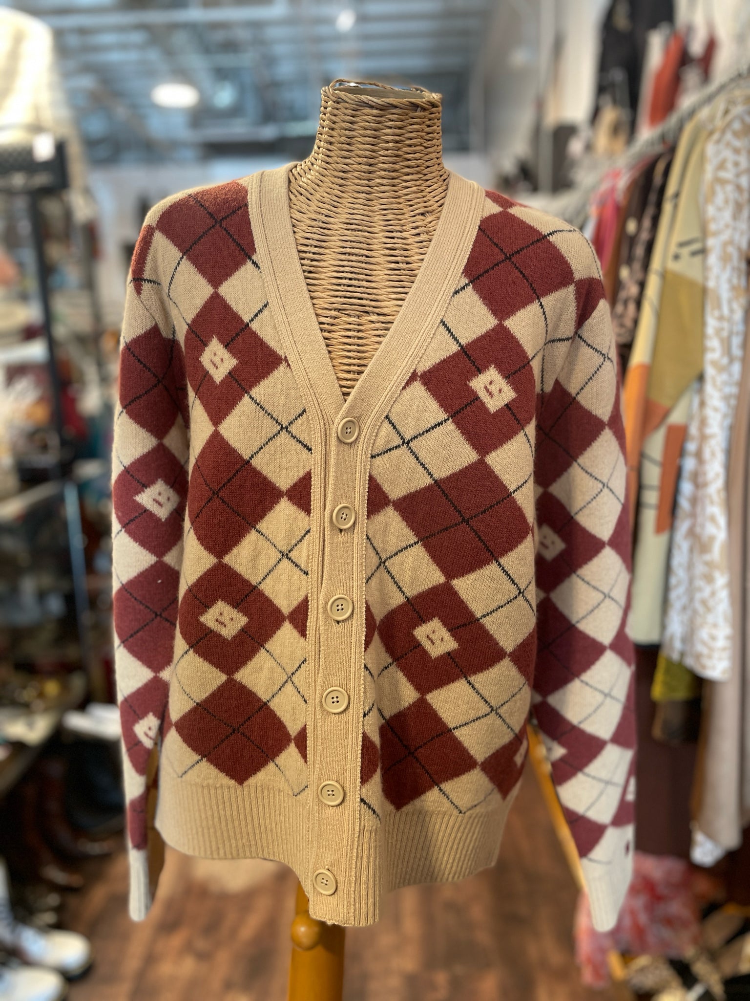 Acne Studios beige & brown Wool Blend Argyle Cardigan