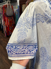 Load image into Gallery viewer, Alix of Bohemia Blue &amp; White Cotton Spanish Style Short Sleeve Button Down Top, Size S
