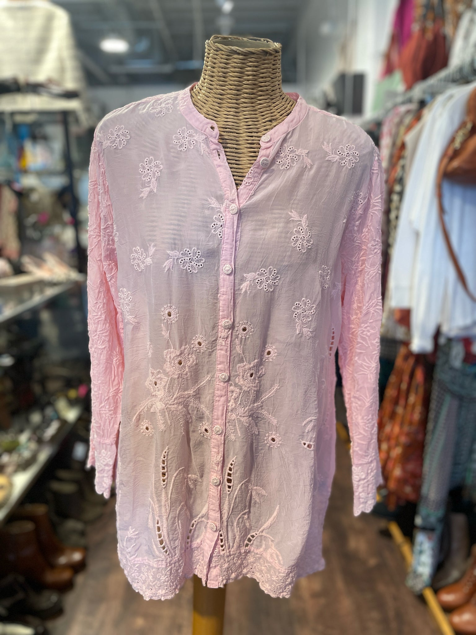 Johnny Was Pink Rayon Flowers embroidered long sleeve Top, Size L