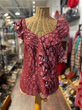 Load image into Gallery viewer, Veronica Beard red &amp; silver shimmery ruffly shoulders Top, Size 0
