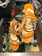 Load image into Gallery viewer, Christian Louboutin tan &amp; navy Leather gold accent sandal Heel, Size 40
