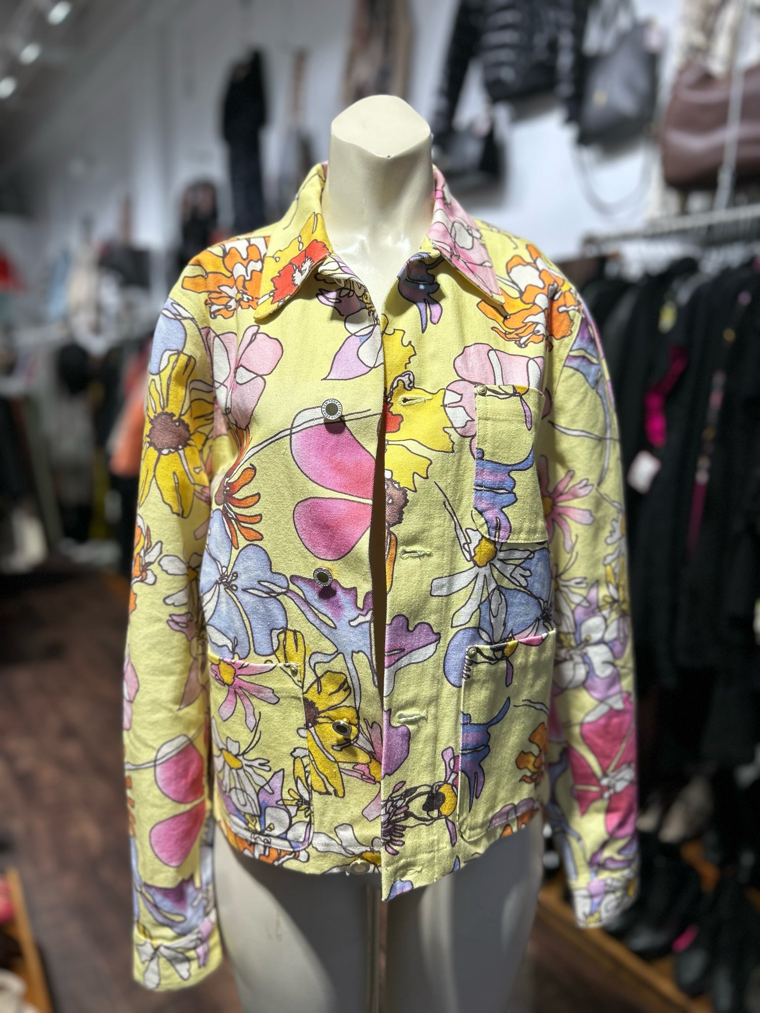 Keith Kelly NYC Yellow & Multi Cotton flower denim W/logo buttons Jacket, Size XXS