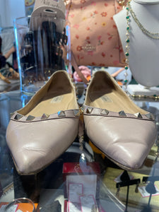 Valentino Nude Leather & Studded Pointy Toe Flats Shoe, Size 40.5