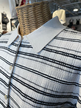 Load image into Gallery viewer, Theory White w/Black Lines Viscose blend Button up Top, Size L
