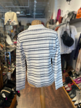 Load image into Gallery viewer, Theory White w/Black Lines Viscose blend Button up Top, Size L
