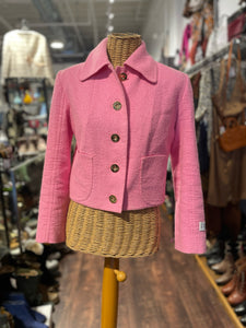 Patou Pink Cotton Tweed Cropped gold accents Blazer, Size 36