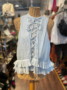 REISS Baby blue Poly ruffles Sleeveless Lace Up Top, Size 6