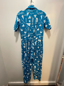 nooworks Teal Cotton abstract geometric Print W/Zipper detail Jumpsuit, Size S