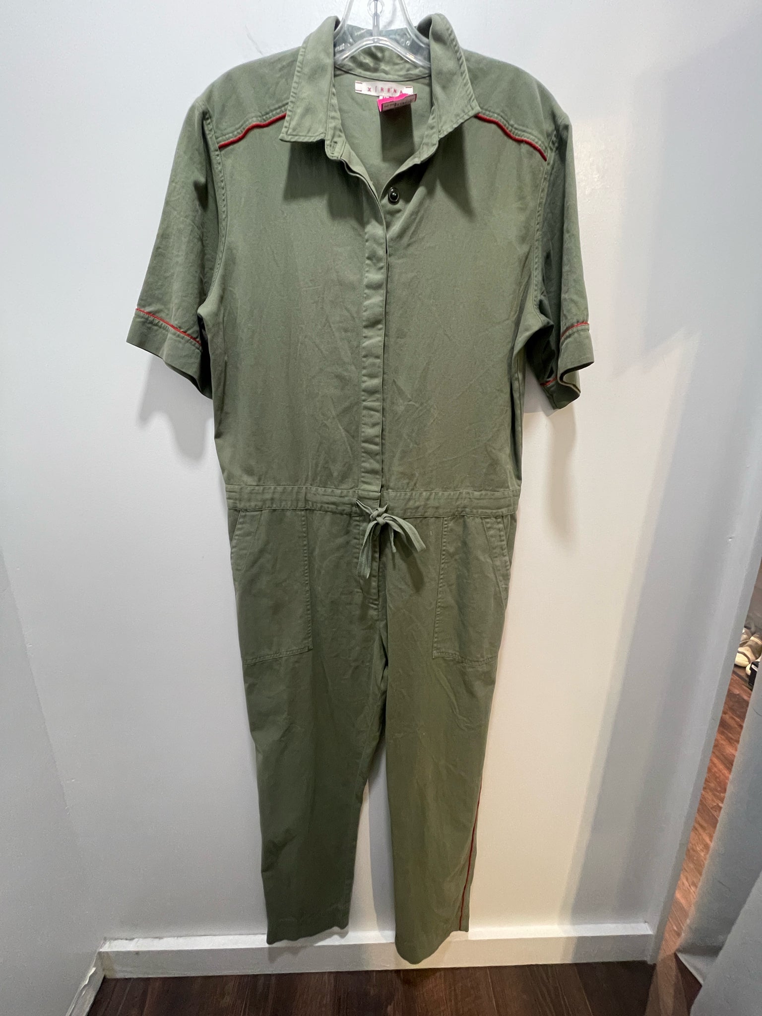 XIRENA Khaki Green Cotton trim design Short sleeve drawstring waist Jumpsuit, Size M