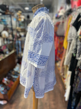 Load image into Gallery viewer, Alix of Bohemia Blue &amp; White Cotton Spanish Style Short Sleeve Button Down Top, Size S
