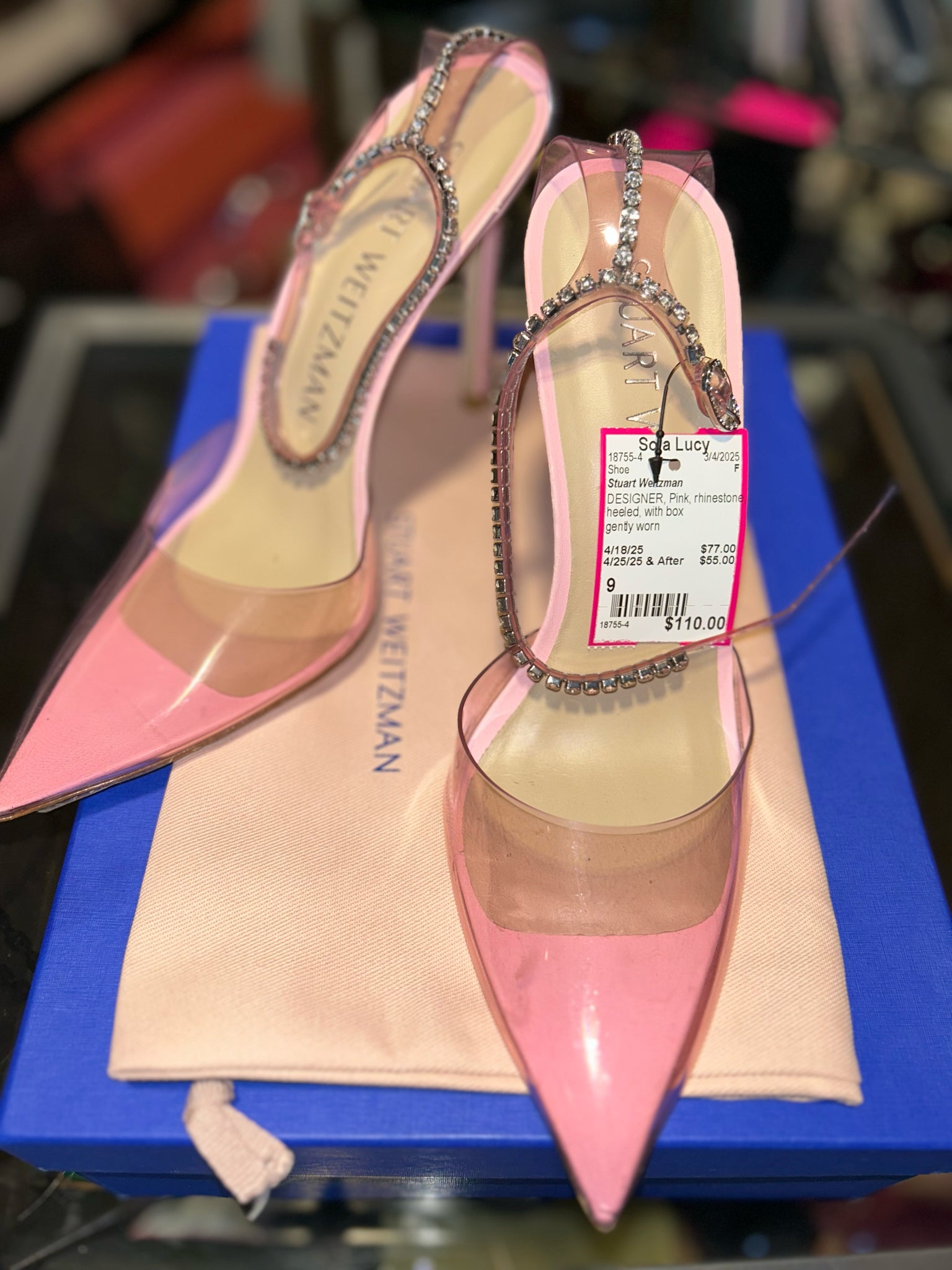 Stuart Weitzman Pink W/Clear exposed front heels, with box, Size 9