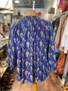 Tucker Purple & Green Silk leaf button down Top, Size S