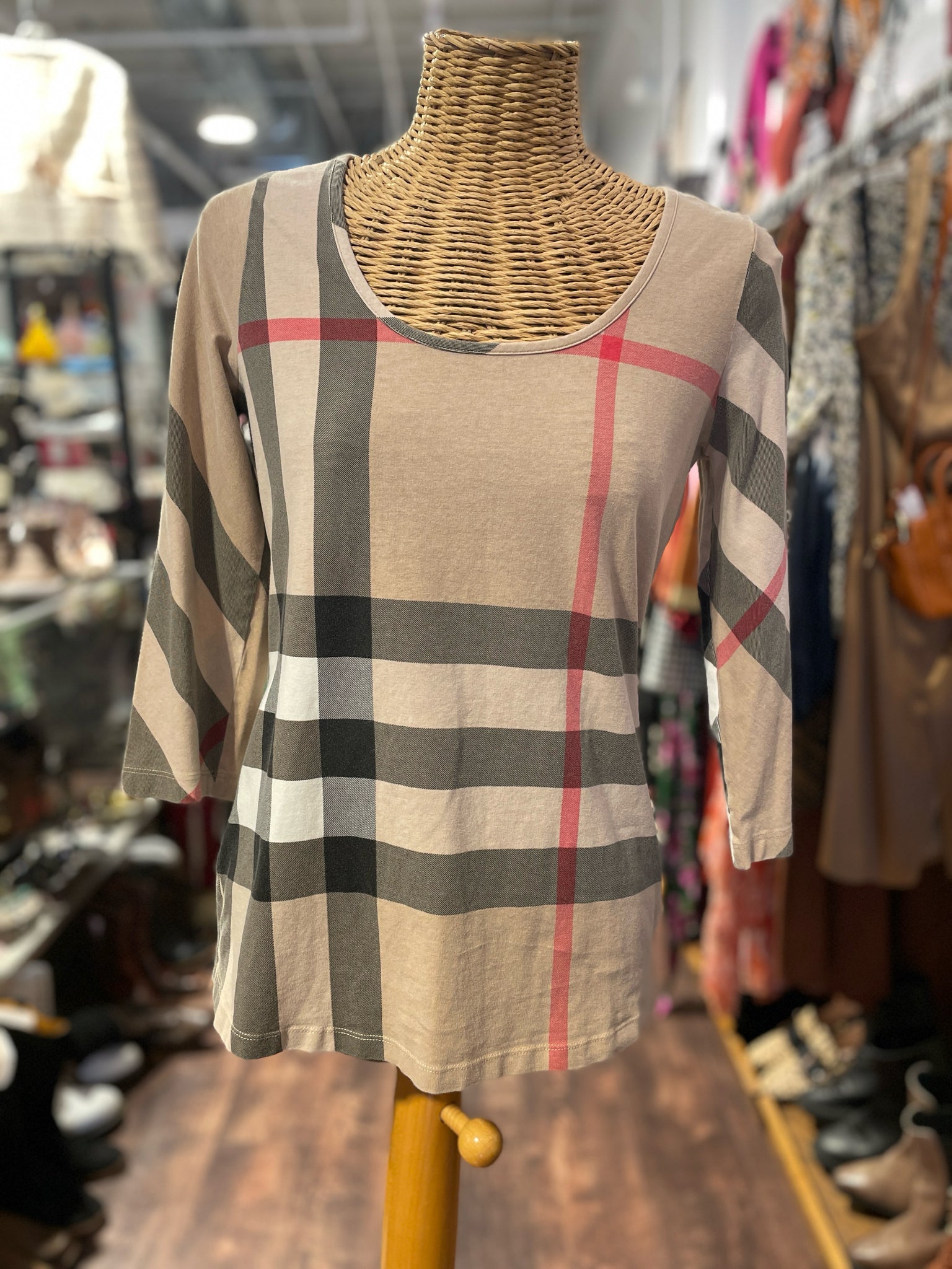 Burberry Brit Beige Cotton Plaid Longsleeve Mid sleeve Top, Size L