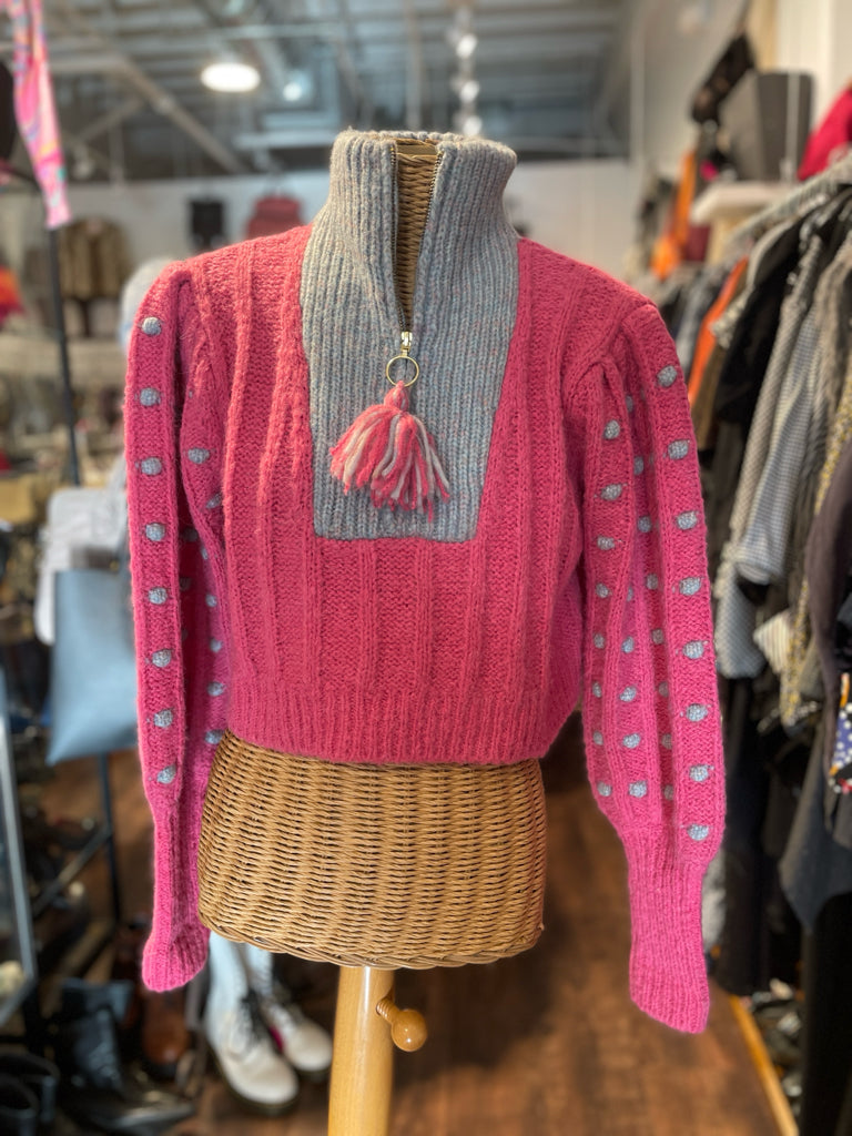 Love Shack Fancy pink/gray acrylic/wool Cropped Sweater