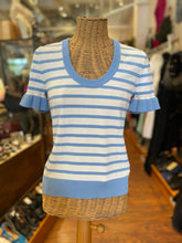 Load image into Gallery viewer, Pearl Blue &amp; White Viscose &amp; Nylon Stripe Top, Size S
