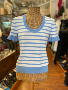 Pearl Blue & White Viscose & Nylon Stripe Top, Size S