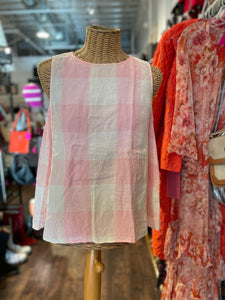 apuntob pink & cream Linen Checkered Sleeveless Top, Size M